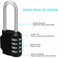 Déstockage Cadenas Code Anse Longue Exterieur Pour Portail, Abri De Jardin, 4 Chiffres Grande Cadena A Combinaison Long Pour Casier Vestiaire Sport, College, Scolaire, Serrure Combinée Noir -Optimal Serrures Magasin 64027000 3