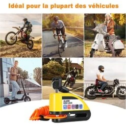 Bloque Disque Moto Alarme 110db Antivol Moto, Alarm Disc Lock Electrique Avec 1.5m Câble Rappel, Sac Portable, Cadenas Anti Vole Pour Motocycle Velo Vespa Moped Moto Cross -Optimal Serrures Magasin 91106206 5
