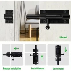 Serrure De Porte De Sécurité à Pêne Coulissant Robuste Avec Trou Pour Cadenas, Acier Inoxydable 304 Noir Mat, Longueur 6 Pouces 160 Mm, Diamètre 14 Mm. (8 Pouces (200mm)-6 Pouces 160mm -Optimal Serrures Magasin 93286658 5